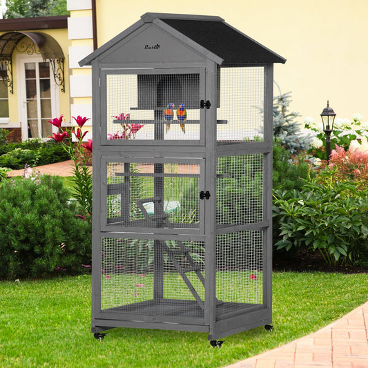 PawHut Bird Cage budgie cage Wooden Outdoor Aviary with Wheels for Canary Finch with Asphalt Roof Perch Nest Ladder Slide-out Tray, Grey