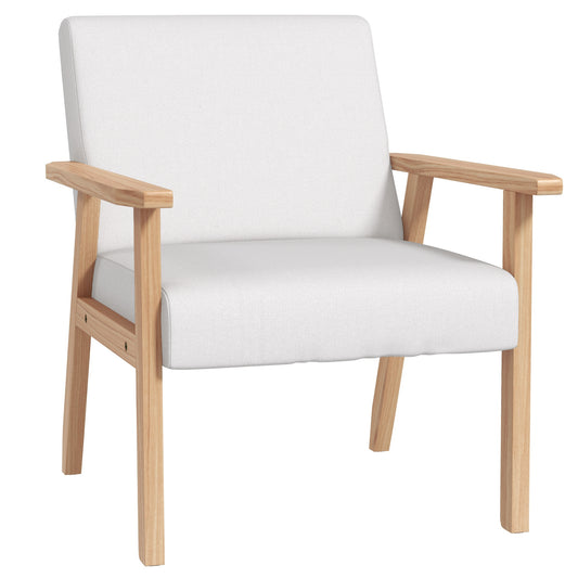 HOMCOM Accent Chair Wood Frame with Thick Linen Cushions Wide Seat Armchair Home Furniture Bedroom Office Cream White