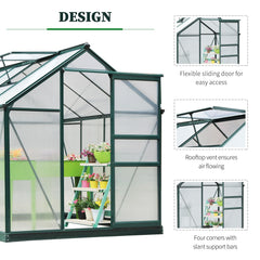 دفيئة من البولي كربونات من Outsunny مقاس 6 × 8 أقدام، دفيئة كبيرة يمكن المشي فيها مع باب منزلق ونافذة، منزل لزراعة نباتات الحديقة بإطار وأساس من الألومنيوم، أخضر داكن