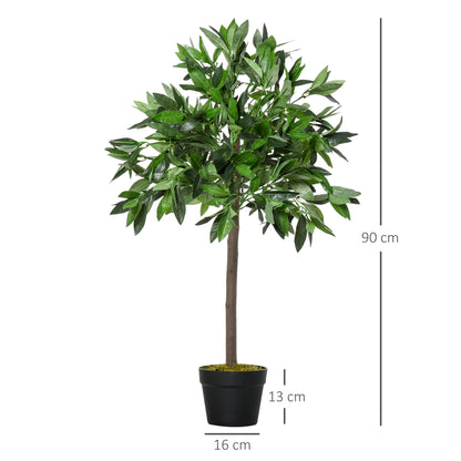 Outsunny Artificial Bay Laurel Topiary Trees w/ Pot Fake, Set Of 2 90cm/3FT Indoor Greenery Plant Home Office Garden Decor Green