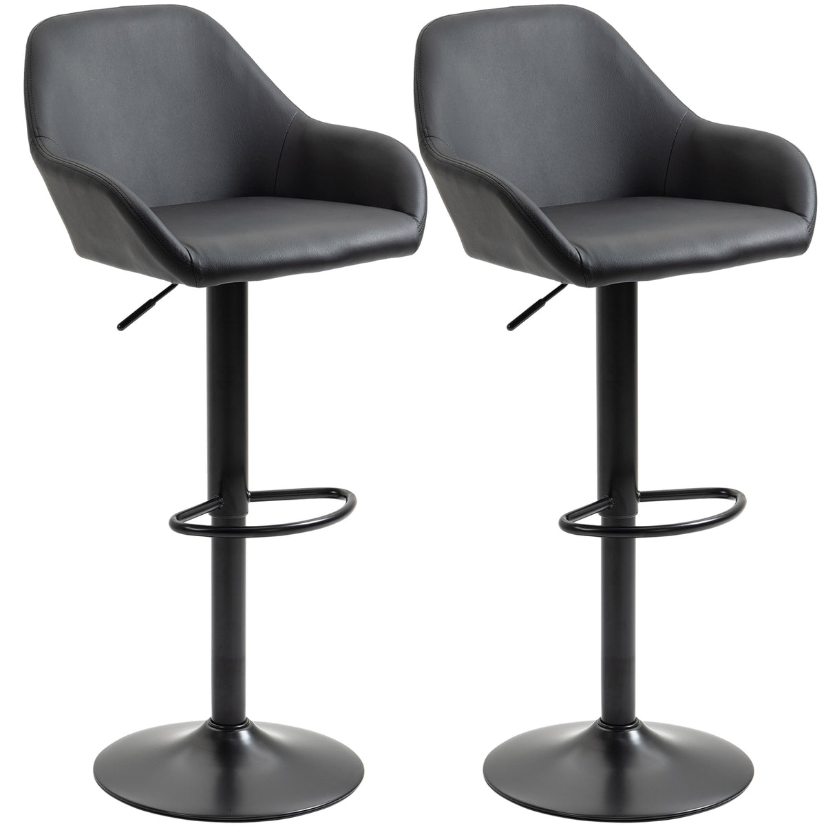 HOMCOM Bar Stools Set of 2, Height Adjustable Swivel Barstools, PU Leather Kitchen Stools with Backs, Armrests and Footrest for Home, Counter and Dining Room, Black