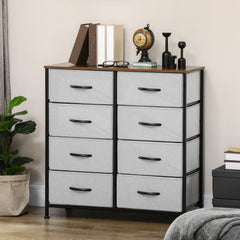 HOMCOM Fabric Chest of Drawers, Storage Drawers, Industrial Bedroom Dresser with 8 Fabric Drawers, Steel Frame and Wooden Top for Nursery, Living Room, Hallway, Grey