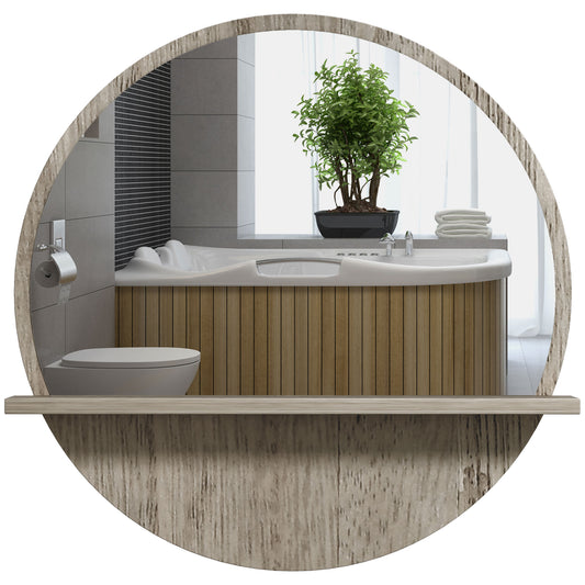 kleankin 45cm Round Home Mirror, with Shelf - Grey Wood-Effect