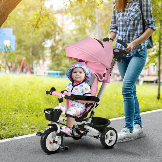 HOMCOM Metal Frame 6 in 1 Baby Push Tricycle with Parent Handle for 1-5 Years Old, Pink