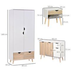 HOMCOM Bedroom Furniture Set, Wardrobe with Hanging Rod, Side Cabinet with wood legs , Bedside Table with Drawer, Nature Wood Finish and White