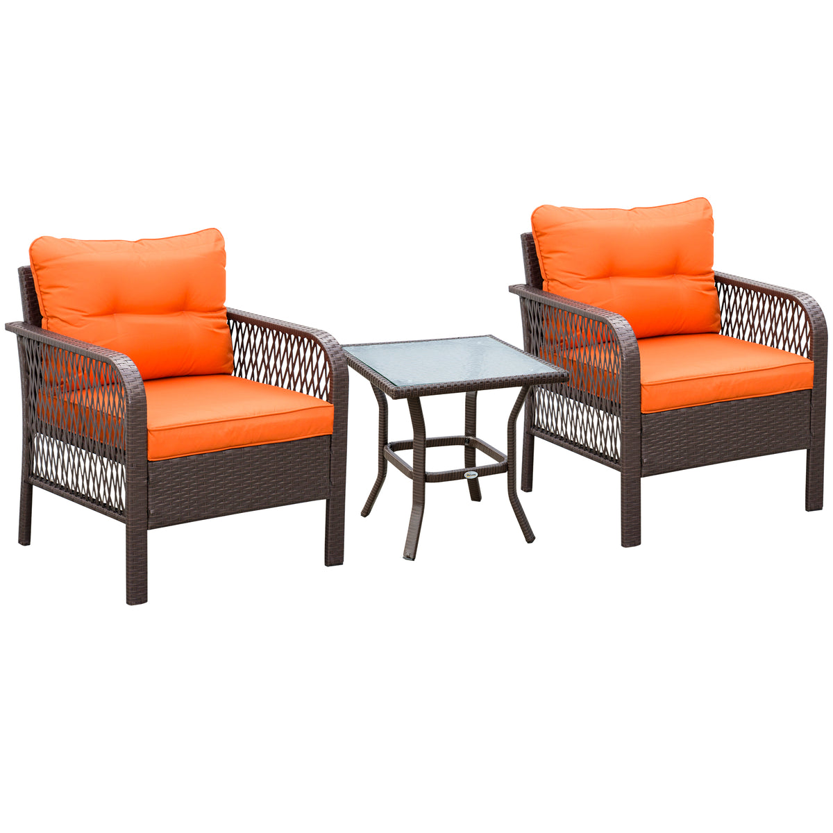 Outsunny 3 Pieces Rattan Bistro Set with Glass Top Coffee Table, Chairs and Cushions for Outdoor, Patio, Balcony, Orange