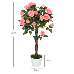 Outsunny Set of 2 Artificial Plants Pink Rose Floral in Pot, Fake Plants for Home Indoor Outdoor Decor, 90cm