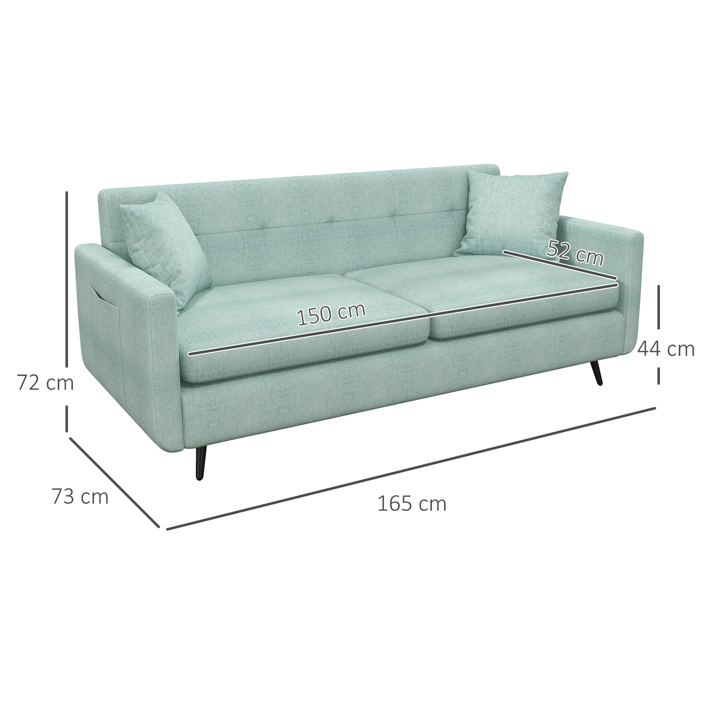 HOMCOM 165cm 2 Seater Sofa for Living Room, Modern Fabric Couch, Tufted Loveseat Sofa Settee with Steel Legs and 2 Storage Pockets for Bedroom and Home Office, Blue