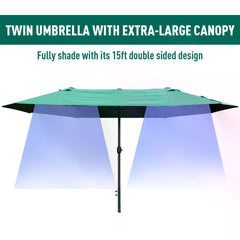 Outsunny 4.6M Sun Umbrella Canopy Double-sided Crank Sun Shade w/ Cross Base Dark Green