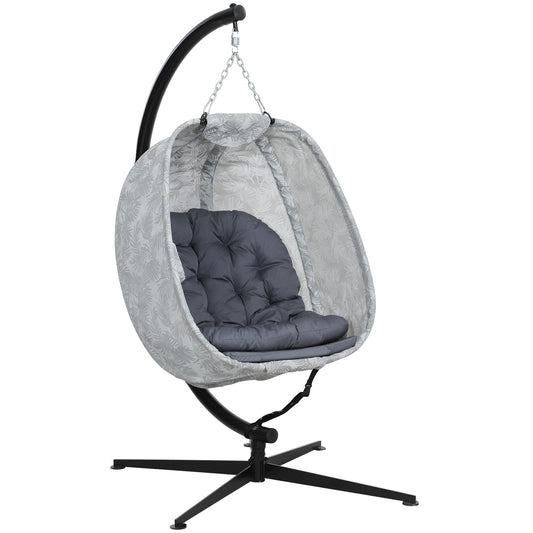 Outsunny Hanging Egg Chair Outdoor Indoor Garden Swing Chair with Folding Basket, Garden Hanging Chair with Stand, Thickened Cushion, Cup Holder for Patio, Balcony, Grey