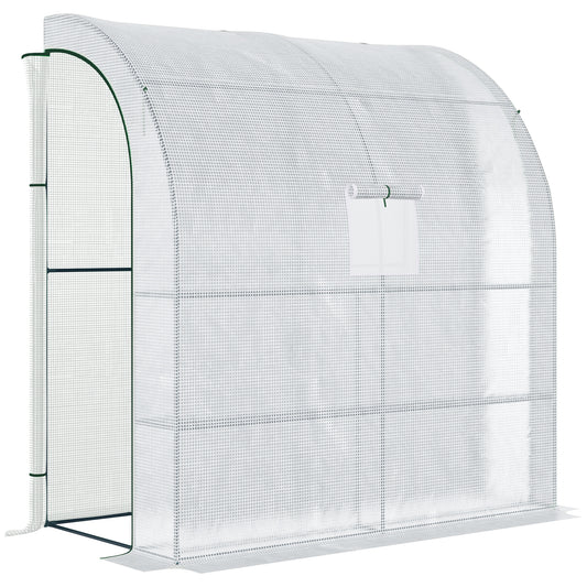 Outsunny Walk-In Lean to Wall Greenhouse with Windows and Doors 2 Tiers 4 Wired Shelves 200L x 100W x 215Hcm White