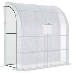 Outsunny Walk-In Lean to Wall Greenhouse with Windows and Doors 2 Tiers 4 Wired Shelves 200L x 100W x 215Hcm White