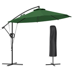 Outsunny 3(m) Garden Cantilever Parasol with Cover and Wind Protection Strap, Round Overhanging Umbrella with Crank Handle and Tilt, Banana Patio Umbrella for Outdoor Sun Shade, UPF50+, Green