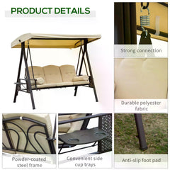 Outsunny Swing Chair Hammock Chair 3 Seater Canopy Cushion Shelter Outdoor Bench Steel Beige