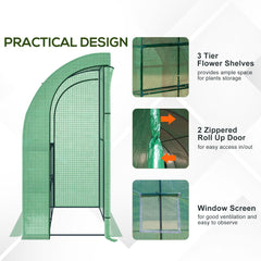 Outsunny Walk-In Lean to Wall Greenhouse with Windows and Doors, Outdoor Green House with 3 Tiers 4 Wired Shelves, 200L x 100W x 215Hcm, Green