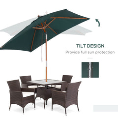 Outsunny 2m x 1.5m Garden Parasol Umbrella with Tilting Sunshade Canopy, Outdoor Market Table Umbrella with Wood and Bamboo Frame, Green