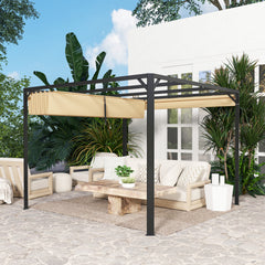 Outsunny 3 x 3m Aluminium Pergola, with Retractable Roof and Wall - Khaki