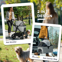 PawHut Dog Pram Pet Stroller for Small Dogs Cats, Foldable Dog Pushchair Trolley with Detachable Pet Carrier Bag, Shock Absorber, Adjustable Handlebar, Grey