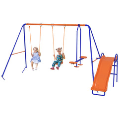 Outsunny Four-In-One Metal Garden Swing Set, with Double Swings, Glider, Slider, Ladder - Orange and Blue