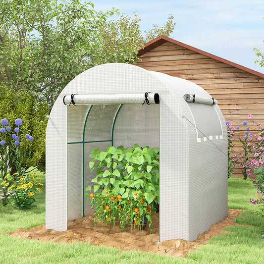 Outsunny Walk in Polytunnel Greenhouse, Green House for Garden with Roll-up Window and Door, 1.8 x 1.8 x 2 m, White