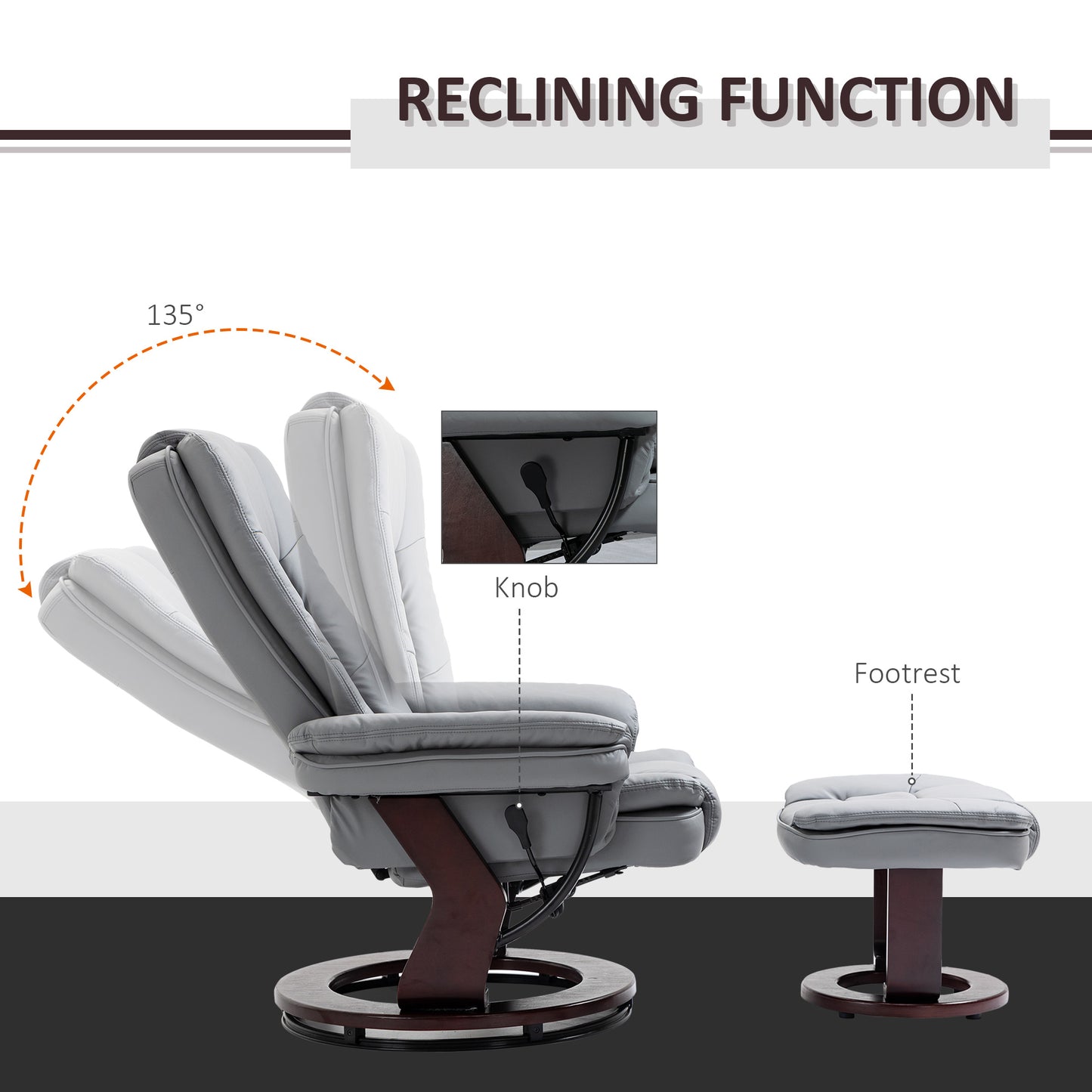 HOMCOM Recliner Chair With footstool, Recliner Armchair up to 130kg Weight Capacity, 135√Ç¬∞ Reclining Swivel Sofa Chair, PU Leather Ergonomic Couch Bed with Swivel Wood Base for Living Room, Grey