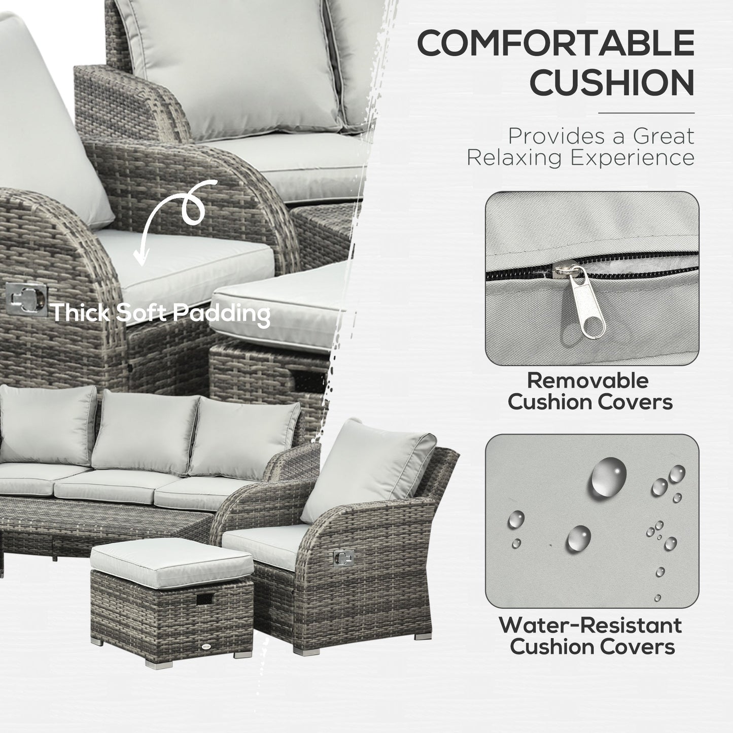 Outsunny Six-piece Outdoor Rattan Dining Set, with Reclining Armchairs - Grey