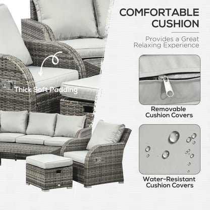 Outsunny Six-piece Outdoor Rattan Dining Set, with Reclining Armchairs - Grey