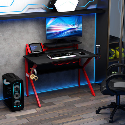 HOMCOM Gaming Desk, Computer Table with Monitor Stand, Cup Holder, Headphone Hook, Wire Basket and Metal Frame, 120cm, Red