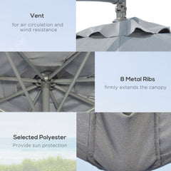 Outsunny 3(m) Garden Parasol Sun Shade Banana Umbrella Cantilever with Crank Handle, Cross Base Dark Grey