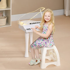 AIYAPLAY 32-Key Kids Piano Keyboard, with Stool, Lights, Microphone, Sounds, Removable Legs - White