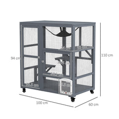 PawHut Cat House, Wooden Outdoor Catio Cat Enclosure on Wheels, Wooden Kitty Cage with Platforms, Hammock, Light Grey