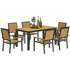 Outsunny 6 Seater Garden Dining Set with Stackable Chairs, Aluminium Frame, Rectangular Plastic Top, Garden Furniture Set, Outdoor Dining Table and Chairs for Patio, Balcony, Poolside, Nature Wood