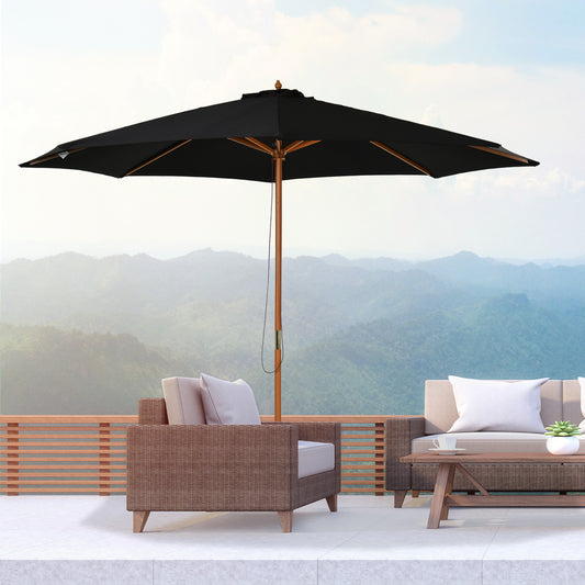 Outsunny 3(m) Garden Parasol, Pulley Operated Patio Umbrella, Wooden Table Market Umbrella with Rope Pulley Mechanism and 8 Ribs, Black