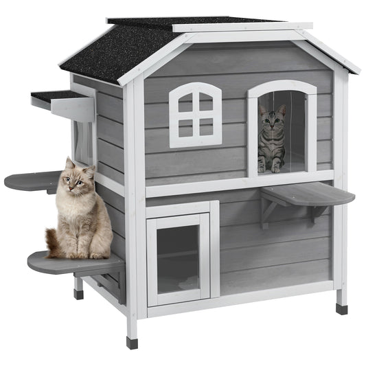 PawHut√Ç 2-story Cat House Outdoor, Weatherproof√Ç Wooden Cat Enclosure for Feral Cats with Escape Door, Openable Roof, Jumping Platforms, Grey