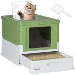 PawHut Hooded Cat Litter Box, Portable Pet Toilet, with Scoop, Front Entry - Light Green