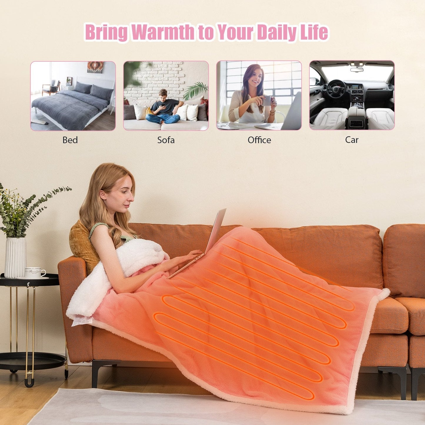 Electric Heated Blanket Throw with 10 Heat Settings-Pink