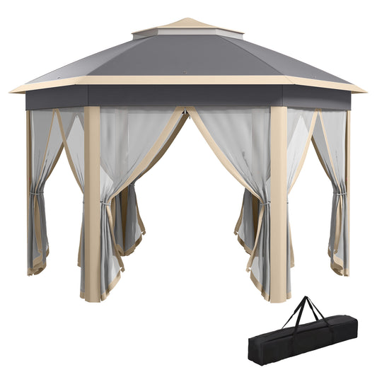 Outsunny Hexagon Pop Up Gazebo Outdoor Patio Gazebo Double Roof Instant Shelter with Netting, 3 x 4m, Khaki