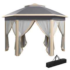 Outsunny Hexagon Pop Up Gazebo Outdoor Patio Gazebo Double Roof Instant Shelter with Netting, 3 x 4m, Khaki