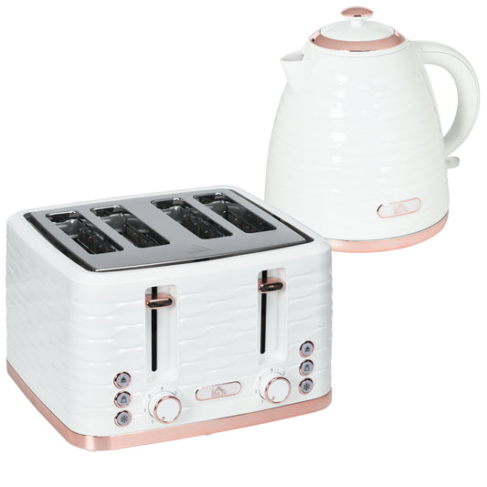 HOMCOM Kettle and Toaster Sets, 3000W 1.7L Rapid Boil Kettle & 4 Slice Toaster with 7 Browning Controls, Defrost, Reheat and Crumb Tray, Otter thermostat, Cream White