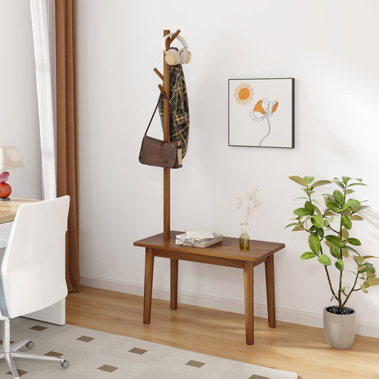 Solid Wood Coat Tree with 2-in-1 Side Table and 3 Hooks for Hats Bags Coats-Coffee