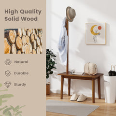 Solid Wood Coat Tree with 2-in-1 Side Table and 3 Hooks for Hats Bags Coats-Coffee