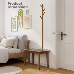 Solid Wood Coat Tree with 2-in-1 Side Table and 3 Hooks for Hats Bags Coats-Coffee