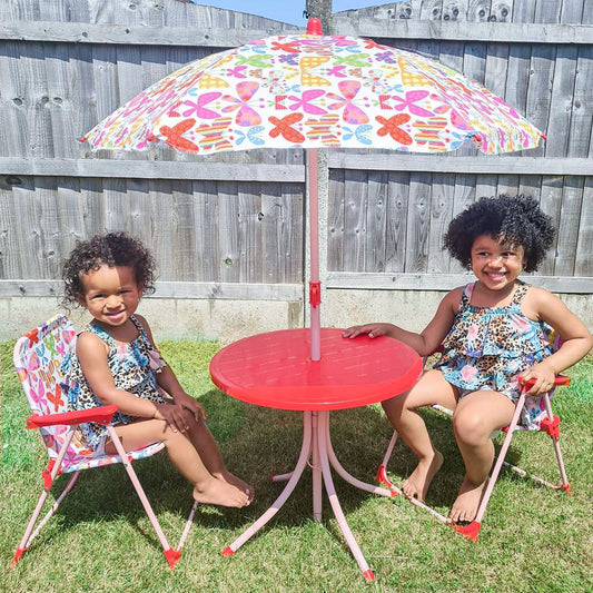 Outsunny Kids Outdoor Bistro Table and Chair Set Butterfly Pattern Garden Patio Backyard with Removable & Height Adjustable Parasol