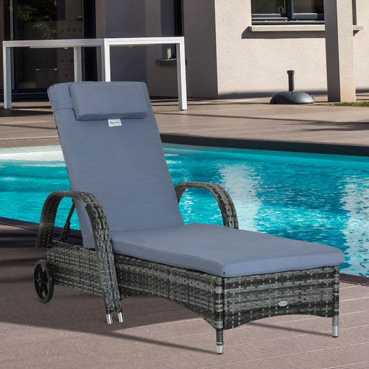 Outsunny Garden Rattan Furniture Single Sun Lounger Recliner Bed Reclining Chair Patio Outdoor Wicker Weave Adjustable Headrest with Fire Retardant Cushion - Grey