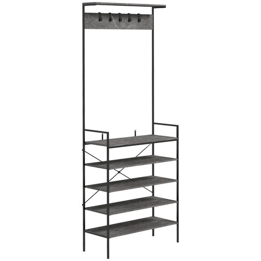 HOMCOM Coat Stand, Industrial Coat Rack with Shoe Storage, Free Standing Hall Tree with 5 Hooks, 5 Shelves and Steel Frame for Hallway, Entryway, Grey Marbled