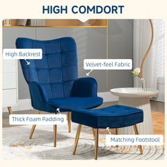 HOMCOM Modern Armchair with Footstool, Upholstered Accent Chair with Ottoman, Steel Legs, Velvet Wingback Chair for Living Room, Bedroom, Home Study, Dark Blue