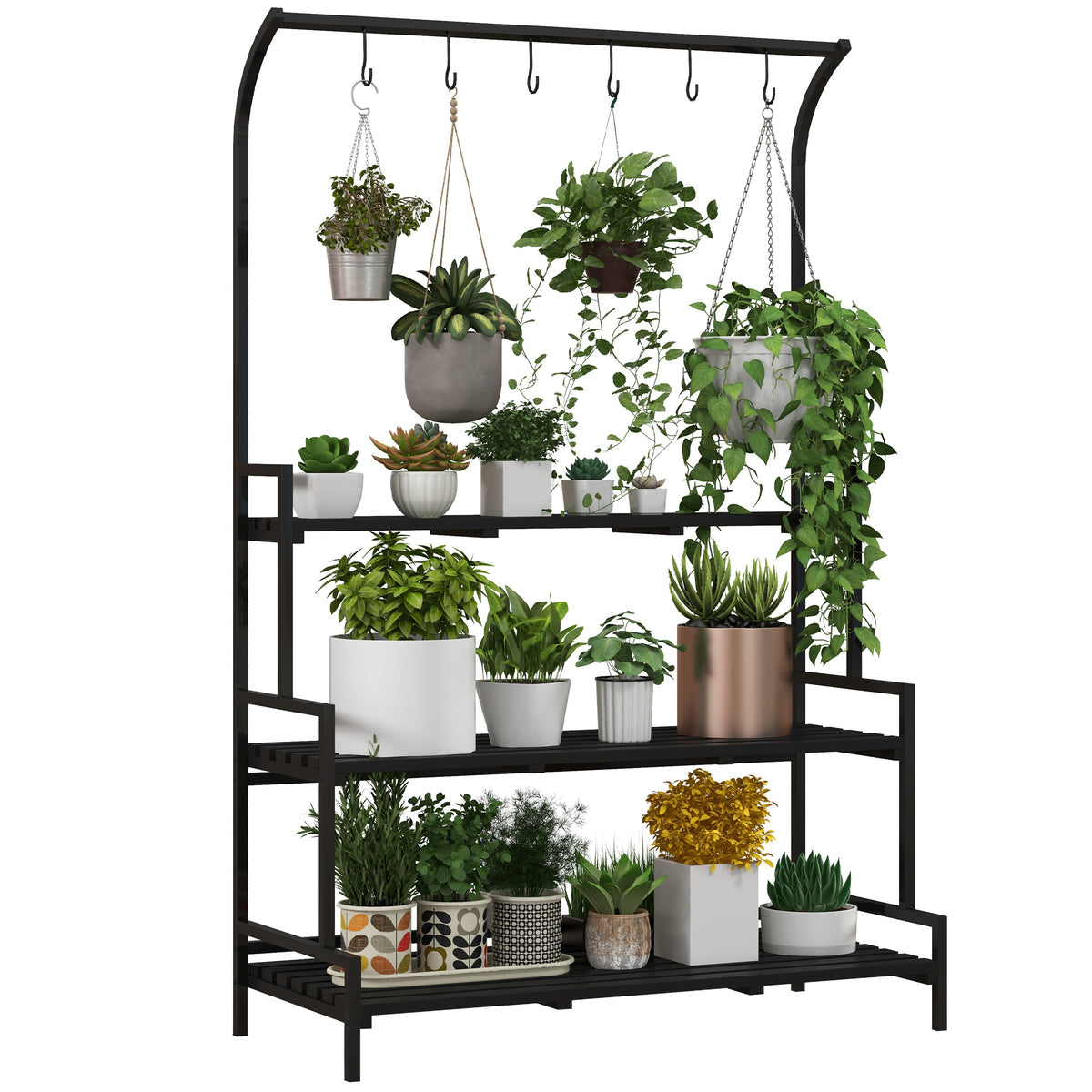 Outsunny 3 Tiered Plant Rack with Hanging Hooks, Tall Plant Stand for Indoor Outdoor Porch Balcony Use, Black