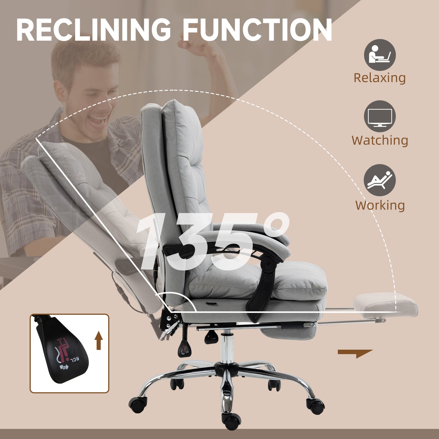 Vinsetto Office Chair, Ergonomic Desk Chair with 6-Point Vibration Massage and Back Heating, Microfibre Computer Gaming Chair with 135√Ç¬∞ Reclining Back and Footrest, Grey
