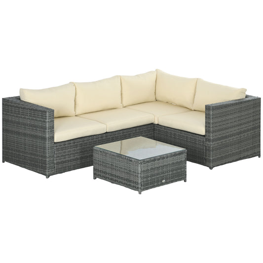 Outsunny 3 Pieces PE Rattan Garden Furniture Set with 10 cm Thick Cushions, 4 Seater Garden Corner Sofa Set with Glass Top Coffee Table, Outdoor Furniture for Patio, Porch, Beige