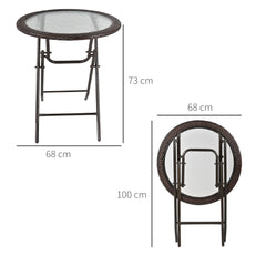 Outsunny Folding Round Tempered Glass Garden Table with Brown Rattan Edging